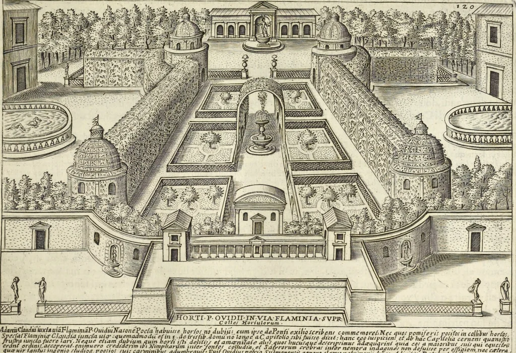 An illustration from Splendore dell'antica e moderna Roma : nel qvale si rappresentano tutti i principali tempii, teatri, anfiteatri, cerchi, naumachie, archi trionfali, obelischi, palagii, terme, curie, basiliche, fatti delli ré, consoli, dittatori, & imperadori romani : dignità ciuili, e militari, ordine de' trionfi, nomi di tutti i trionfanti, sacrificio militare; colonna Traiana, colonna Antonina, colonna milliaria, colonna rostrata, & colonna bellica; con li più segnalati giardini de gli antichi, e moderni Romani & altre cose notabili, con fatti, & imprese di quelli, da'quali sono stati eretti, e dedicati. : et in questa vltima impressione abbellito di molti disegni antichi, e moderni; & aggiuntoui le descrittioni delle figure cauate dall'antichi medaglie de gl'imperadori, in quatto linguagi latino, italiano, tedesco, e francese, per vtilità commune, 1641, leaf 266