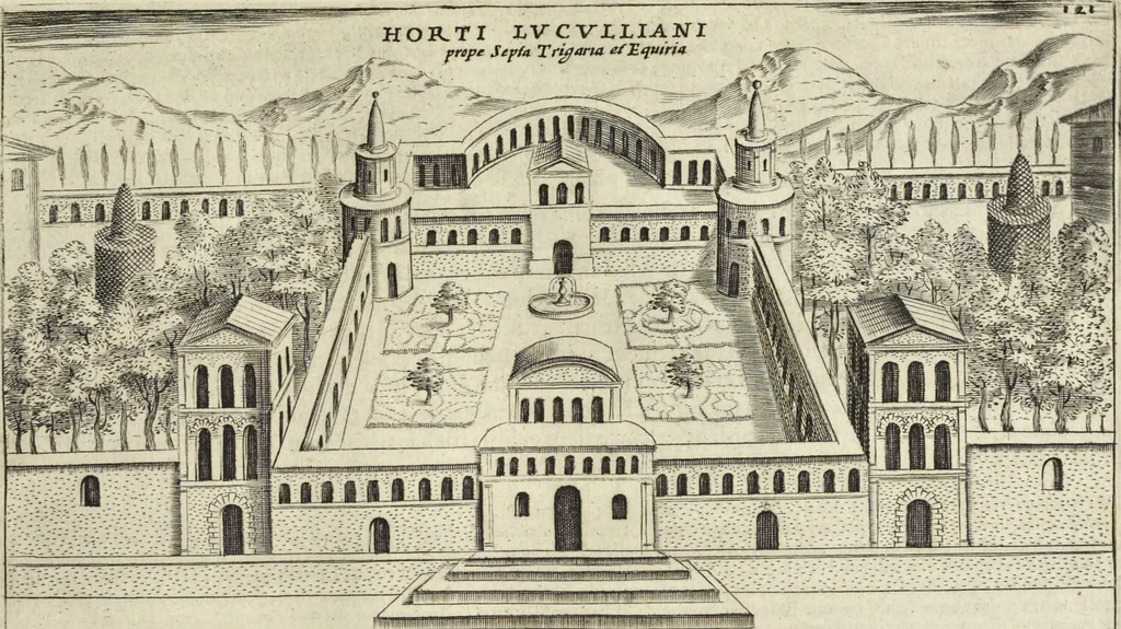 An illustration from Splendore dell'antica e moderna Roma : nel qvale si rappresentano tutti i principali tempii, teatri, anfiteatri, cerchi, naumachie, archi trionfali, obelischi, palagii, terme, curie, basiliche, fatti delli ré, consoli, dittatori, & imperadori romani : dignità ciuili, e militari, ordine de' trionfi, nomi di tutti i trionfanti, sacrificio militare; colonna Traiana, colonna Antonina, colonna milliaria, colonna rostrata, & colonna bellica; con li più segnalati giardini de gli antichi, e moderni Romani & altre cose notabili, con fatti, & imprese di quelli, da'quali sono stati eretti, e dedicati. : et in questa vltima impressione abbellito di molti disegni antichi, e moderni; & aggiuntoui le descrittioni delle figure cauate dall'antichi medaglie de gl'imperadori, in quatto linguagi latino, italiano, tedesco, e francese, per vtilità commune, 1641, leaf 268