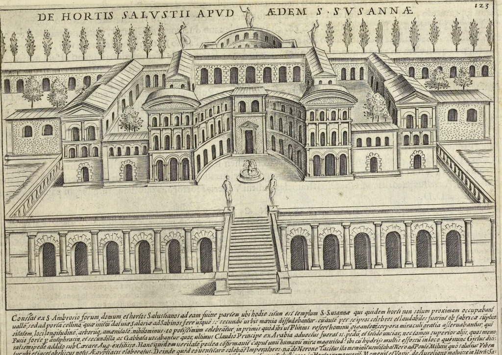 An illustration from Splendore dell'antica e moderna Roma : nel qvale si rappresentano tutti i principali tempii, teatri, anfiteatri, cerchi, naumachie, archi trionfali, obelischi, palagii, terme, curie, basiliche, fatti delli ré, consoli, dittatori, & imperadori romani : dignità ciuili, e militari, ordine de' trionfi, nomi di tutti i trionfanti, sacrificio militare; colonna Traiana, colonna Antonina, colonna milliaria, colonna rostrata, & colonna bellica; con li più segnalati giardini de gli antichi, e moderni Romani & altre cose notabili, con fatti, & imprese di quelli, da'quali sono stati eretti, e dedicati. : et in questa vltima impressione abbellito di molti disegni antichi, e moderni; & aggiuntoui le descrittioni delle figure cauate dall'antichi medaglie de gl'imperadori, in quatto linguagi latino, italiano, tedesco, e francese, per vtilità commune, 1641, leaf 272