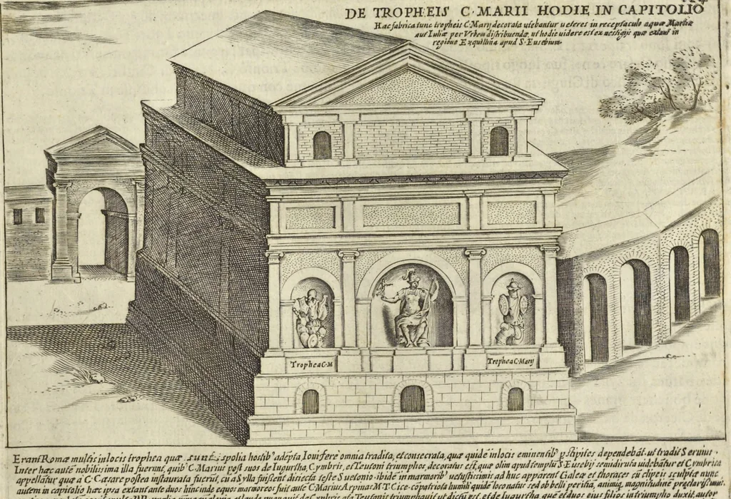 An illustration from Splendore dell'antica e moderna Roma : nel qvale si rappresentano tutti i principali tempii, teatri, anfiteatri, cerchi, naumachie, archi trionfali, obelischi, palagii, terme, curie, basiliche, fatti delli ré, consoli, dittatori, & imperadori romani : dignità ciuili, e militari, ordine de' trionfi, nomi di tutti i trionfanti, sacrificio militare; colonna Traiana, colonna Antonina, colonna milliaria, colonna rostrata, & colonna bellica; con li più segnalati giardini de gli antichi, e moderni Romani & altre cose notabili, con fatti, & imprese di quelli, da'quali sono stati eretti, e dedicati. : et in questa vltima impressione abbellito di molti disegni antichi, e moderni; & aggiuntoui le descrittioni delle figure cauate dall'antichi medaglie de gl'imperadori, in quatto linguagi latino, italiano, tedesco, e francese, per vtilità commune, 1641, leaf 274