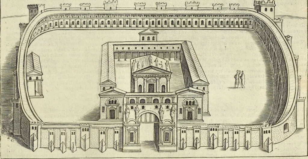 An illustration from Splendore dell'antica e moderna Roma : nel qvale si rappresentano tutti i principali tempii, teatri, anfiteatri, cerchi, naumachie, archi trionfali, obelischi, palagii, terme, curie, basiliche, fatti delli ré, consoli, dittatori, & imperadori romani : dignità ciuili, e militari, ordine de' trionfi, nomi di tutti i trionfanti, sacrificio militare; colonna Traiana, colonna Antonina, colonna milliaria, colonna rostrata, & colonna bellica; con li più segnalati giardini de gli antichi, e moderni Romani & altre cose notabili, con fatti, & imprese di quelli, da'quali sono stati eretti, e dedicati. : et in questa vltima impressione abbellito di molti disegni antichi, e moderni; & aggiuntoui le descrittioni delle figure cauate dall'antichi medaglie de gl'imperadori, in quatto linguagi latino, italiano, tedesco, e francese, per vtilità commune, 1641, leaf 276