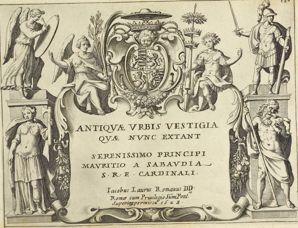 An illustration from Splendore dell'antica e moderna Roma : nel qvale si rappresentano tutti i principali tempii, teatri, anfiteatri, cerchi, naumachie, archi trionfali, obelischi, palagii, terme, curie, basiliche, fatti delli ré, consoli, dittatori, & imperadori romani : dignità ciuili, e militari, ordine de' trionfi, nomi di tutti i trionfanti, sacrificio militare; colonna Traiana, colonna Antonina, colonna milliaria, colonna rostrata, & colonna bellica; con li più segnalati giardini de gli antichi, e moderni Romani & altre cose notabili, con fatti, & imprese di quelli, da'quali sono stati eretti, e dedicati. : et in questa vltima impressione abbellito di molti disegni antichi, e moderni; & aggiuntoui le descrittioni delle figure cauate dall'antichi medaglie de gl'imperadori, in quatto linguagi latino, italiano, tedesco, e francese, per vtilità commune, 1641, leaf 286