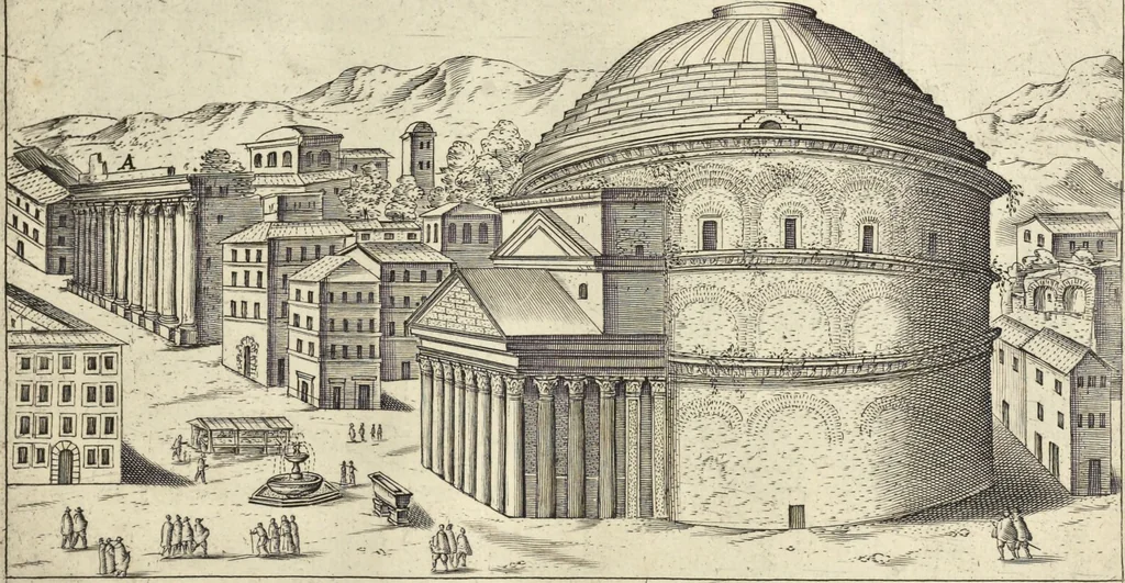 An illustration from Splendore dell'antica e moderna Roma : nel qvale si rappresentano tutti i principali tempii, teatri, anfiteatri, cerchi, naumachie, archi trionfali, obelischi, palagii, terme, curie, basiliche, fatti delli ré, consoli, dittatori, & imperadori romani : dignità ciuili, e militari, ordine de' trionfi, nomi di tutti i trionfanti, sacrificio militare; colonna Traiana, colonna Antonina, colonna milliaria, colonna rostrata, & colonna bellica; con li più segnalati giardini de gli antichi, e moderni Romani & altre cose notabili, con fatti, & imprese di quelli, da'quali sono stati eretti, e dedicati. : et in questa vltima impressione abbellito di molti disegni antichi, e moderni; & aggiuntoui le descrittioni delle figure cauate dall'antichi medaglie de gl'imperadori, in quatto linguagi latino, italiano, tedesco, e francese, per vtilità commune, 1641, leaf 288