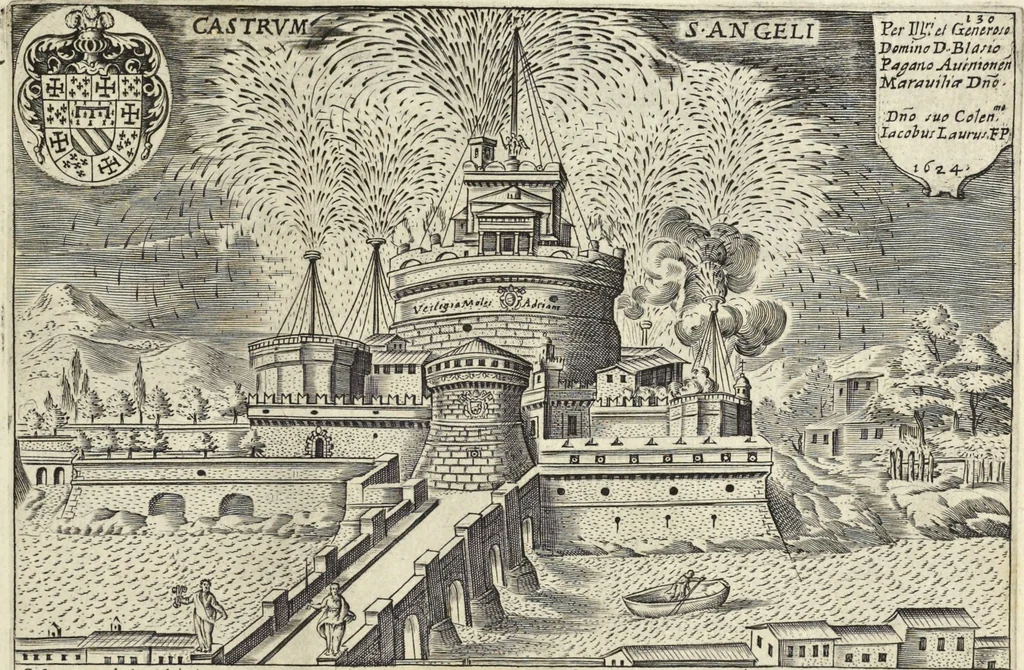 An illustration from Splendore dell'antica e moderna Roma : nel qvale si rappresentano tutti i principali tempii, teatri, anfiteatri, cerchi, naumachie, archi trionfali, obelischi, palagii, terme, curie, basiliche, fatti delli ré, consoli, dittatori, & imperadori romani : dignità ciuili, e militari, ordine de' trionfi, nomi di tutti i trionfanti, sacrificio militare; colonna Traiana, colonna Antonina, colonna milliaria, colonna rostrata, & colonna bellica; con li più segnalati giardini de gli antichi, e moderni Romani & altre cose notabili, con fatti, & imprese di quelli, da'quali sono stati eretti, e dedicati. : et in questa vltima impressione abbellito di molti disegni antichi, e moderni; & aggiuntoui le descrittioni delle figure cauate dall'antichi medaglie de gl'imperadori, in quatto linguagi latino, italiano, tedesco, e francese, per vtilità commune, 1641, leaf 292