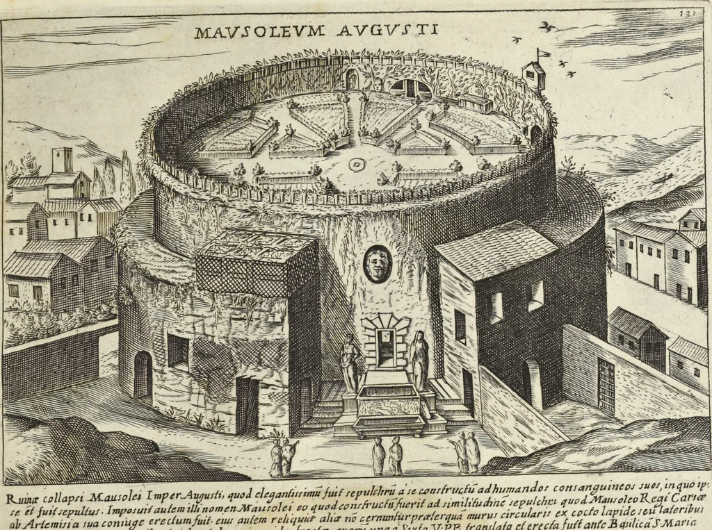 An illustration from Splendore dell'antica e moderna Roma : nel qvale si rappresentano tutti i principali tempii, teatri, anfiteatri, cerchi, naumachie, archi trionfali, obelischi, palagii, terme, curie, basiliche, fatti delli ré, consoli, dittatori, & imperadori romani : dignità ciuili, e militari, ordine de' trionfi, nomi di tutti i trionfanti, sacrificio militare; colonna Traiana, colonna Antonina, colonna milliaria, colonna rostrata, & colonna bellica; con li più segnalati giardini de gli antichi, e moderni Romani & altre cose notabili, con fatti, & imprese di quelli, da'quali sono stati eretti, e dedicati. : et in questa vltima impressione abbellito di molti disegni antichi, e moderni; & aggiuntoui le descrittioni delle figure cauate dall'antichi medaglie de gl'imperadori, in quatto linguagi latino, italiano, tedesco, e francese, per vtilità commune, 1641, leaf 294