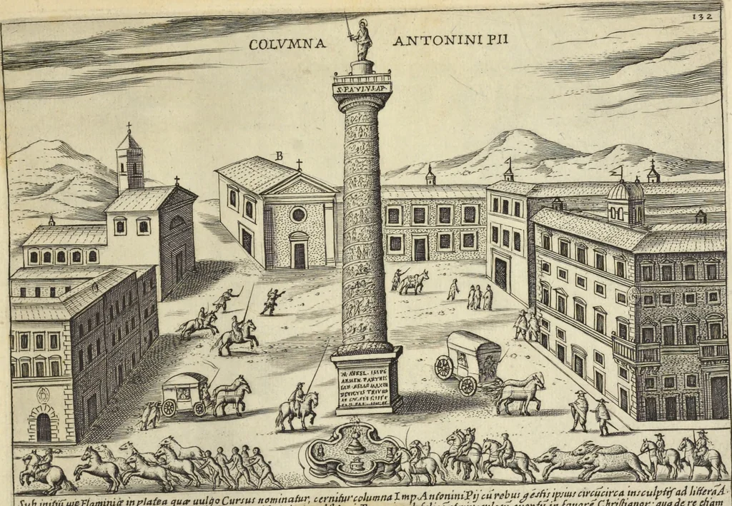 An illustration from Splendore dell'antica e moderna Roma : nel qvale si rappresentano tutti i principali tempii, teatri, anfiteatri, cerchi, naumachie, archi trionfali, obelischi, palagii, terme, curie, basiliche, fatti delli ré, consoli, dittatori, & imperadori romani : dignità ciuili, e militari, ordine de' trionfi, nomi di tutti i trionfanti, sacrificio militare; colonna Traiana, colonna Antonina, colonna milliaria, colonna rostrata, & colonna bellica; con li più segnalati giardini de gli antichi, e moderni Romani & altre cose notabili, con fatti, & imprese di quelli, da'quali sono stati eretti, e dedicati. : et in questa vltima impressione abbellito di molti disegni antichi, e moderni; & aggiuntoui le descrittioni delle figure cauate dall'antichi medaglie de gl'imperadori, in quatto linguagi latino, italiano, tedesco, e francese, per vtilità commune, 1641, leaf 296
