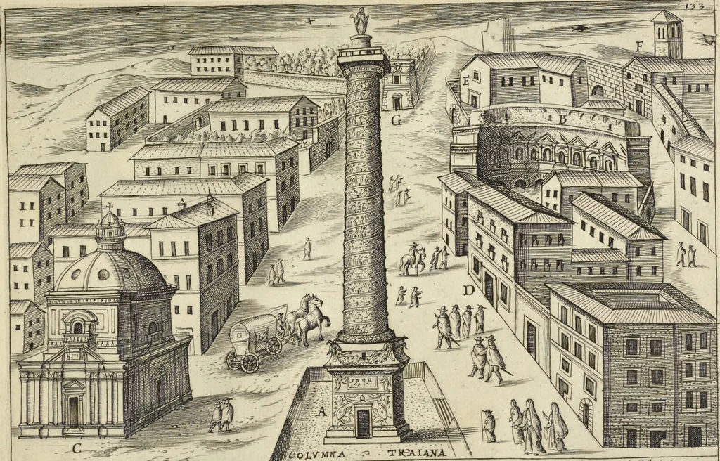 An illustration from Splendore dell'antica e moderna Roma : nel qvale si rappresentano tutti i principali tempii, teatri, anfiteatri, cerchi, naumachie, archi trionfali, obelischi, palagii, terme, curie, basiliche, fatti delli ré, consoli, dittatori, & imperadori romani : dignità ciuili, e militari, ordine de' trionfi, nomi di tutti i trionfanti, sacrificio militare; colonna Traiana, colonna Antonina, colonna milliaria, colonna rostrata, & colonna bellica; con li più segnalati giardini de gli antichi, e moderni Romani & altre cose notabili, con fatti, & imprese di quelli, da'quali sono stati eretti, e dedicati. : et in questa vltima impressione abbellito di molti disegni antichi, e moderni; & aggiuntoui le descrittioni delle figure cauate dall'antichi medaglie de gl'imperadori, in quatto linguagi latino, italiano, tedesco, e francese, per vtilità commune, 1641, leaf 298