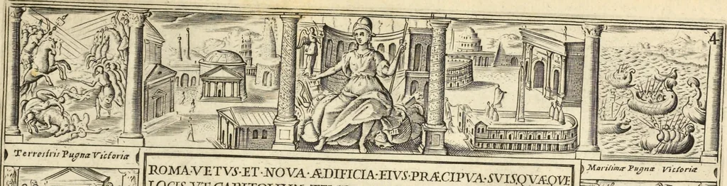 An illustration from Splendore dell'antica e moderna Roma : nel qvale si rappresentano tutti i principali tempii, teatri, anfiteatri, cerchi, naumachie, archi trionfali, obelischi, palagii, terme, curie, basiliche, fatti delli ré, consoli, dittatori, & imperadori romani : dignità ciuili, e militari, ordine de' trionfi, nomi di tutti i trionfanti, sacrificio militare; colonna Traiana, colonna Antonina, colonna milliaria, colonna rostrata, & colonna bellica; con li più segnalati giardini de gli antichi, e moderni Romani & altre cose notabili, con fatti, & imprese di quelli, da'quali sono stati eretti, e dedicati. : et in questa vltima impressione abbellito di molti disegni antichi, e moderni; & aggiuntoui le descrittioni delle figure cauate dall'antichi medaglie de gl'imperadori, in quatto linguagi latino, italiano, tedesco, e francese, per vtilità commune, 1641, leaf 30