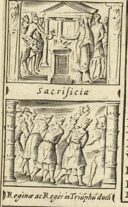 An illustration from Splendore dell'antica e moderna Roma : nel qvale si rappresentano tutti i principali tempii, teatri, anfiteatri, cerchi, naumachie, archi trionfali, obelischi, palagii, terme, curie, basiliche, fatti delli ré, consoli, dittatori, & imperadori romani : dignità ciuili, e militari, ordine de' trionfi, nomi di tutti i trionfanti, sacrificio militare; colonna Traiana, colonna Antonina, colonna milliaria, colonna rostrata, & colonna bellica; con li più segnalati giardini de gli antichi, e moderni Romani & altre cose notabili, con fatti, & imprese di quelli, da'quali sono stati eretti, e dedicati. : et in questa vltima impressione abbellito di molti disegni antichi, e moderni; & aggiuntoui le descrittioni delle figure cauate dall'antichi medaglie de gl'imperadori, in quatto linguagi latino, italiano, tedesco, e francese, per vtilità commune, 1641, leaf 30