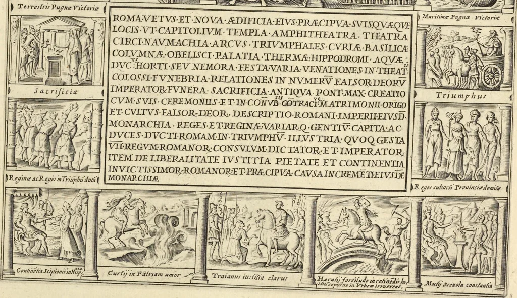 An illustration from Splendore dell'antica e moderna Roma : nel qvale si rappresentano tutti i principali tempii, teatri, anfiteatri, cerchi, naumachie, archi trionfali, obelischi, palagii, terme, curie, basiliche, fatti delli ré, consoli, dittatori, & imperadori romani : dignità ciuili, e militari, ordine de' trionfi, nomi di tutti i trionfanti, sacrificio militare; colonna Traiana, colonna Antonina, colonna milliaria, colonna rostrata, & colonna bellica; con li più segnalati giardini de gli antichi, e moderni Romani & altre cose notabili, con fatti, & imprese di quelli, da'quali sono stati eretti, e dedicati. : et in questa vltima impressione abbellito di molti disegni antichi, e moderni; & aggiuntoui le descrittioni delle figure cauate dall'antichi medaglie de gl'imperadori, in quatto linguagi latino, italiano, tedesco, e francese, per vtilità commune, 1641, leaf 30