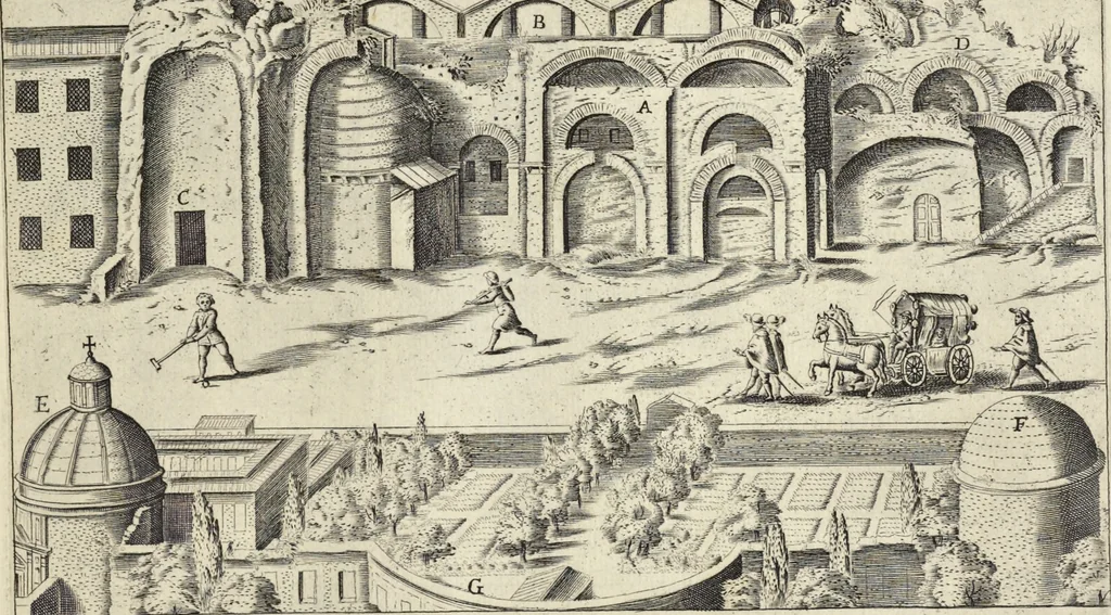 An illustration from Splendore dell'antica e moderna Roma : nel qvale si rappresentano tutti i principali tempii, teatri, anfiteatri, cerchi, naumachie, archi trionfali, obelischi, palagii, terme, curie, basiliche, fatti delli ré, consoli, dittatori, & imperadori romani : dignità ciuili, e militari, ordine de' trionfi, nomi di tutti i trionfanti, sacrificio militare; colonna Traiana, colonna Antonina, colonna milliaria, colonna rostrata, & colonna bellica; con li più segnalati giardini de gli antichi, e moderni Romani & altre cose notabili, con fatti, & imprese di quelli, da'quali sono stati eretti, e dedicati. : et in questa vltima impressione abbellito di molti disegni antichi, e moderni; & aggiuntoui le descrittioni delle figure cauate dall'antichi medaglie de gl'imperadori, in quatto linguagi latino, italiano, tedesco, e francese, per vtilità commune, 1641, leaf 300
