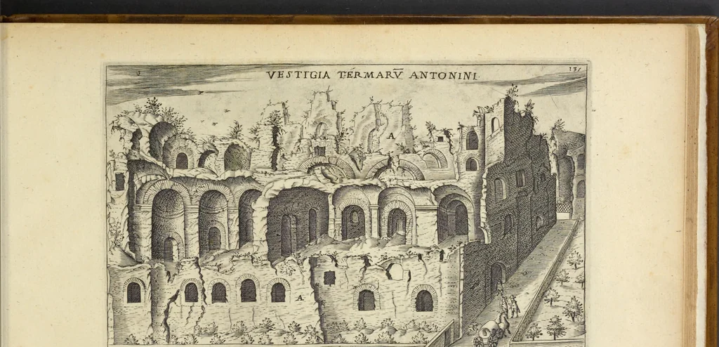 An illustration from Splendore dell'antica e moderna Roma : nel qvale si rappresentano tutti i principali tempii, teatri, anfiteatri, cerchi, naumachie, archi trionfali, obelischi, palagii, terme, curie, basiliche, fatti delli ré, consoli, dittatori, & imperadori romani : dignità ciuili, e militari, ordine de' trionfi, nomi di tutti i trionfanti, sacrificio militare; colonna Traiana, colonna Antonina, colonna milliaria, colonna rostrata, & colonna bellica; con li più segnalati giardini de gli antichi, e moderni Romani & altre cose notabili, con fatti, & imprese di quelli, da'quali sono stati eretti, e dedicati. : et in questa vltima impressione abbellito di molti disegni antichi, e moderni; & aggiuntoui le descrittioni delle figure cauate dall'antichi medaglie de gl'imperadori, in quatto linguagi latino, italiano, tedesco, e francese, per vtilità commune, 1641, leaf 302