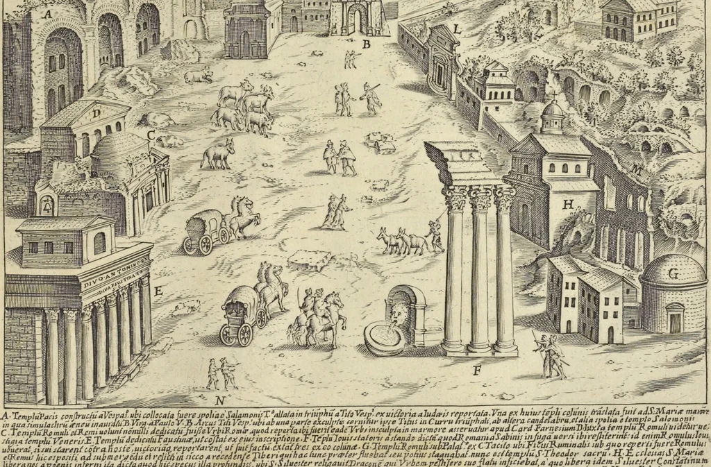 An illustration from Splendore dell'antica e moderna Roma : nel qvale si rappresentano tutti i principali tempii, teatri, anfiteatri, cerchi, naumachie, archi trionfali, obelischi, palagii, terme, curie, basiliche, fatti delli ré, consoli, dittatori, & imperadori romani : dignità ciuili, e militari, ordine de' trionfi, nomi di tutti i trionfanti, sacrificio militare; colonna Traiana, colonna Antonina, colonna milliaria, colonna rostrata, & colonna bellica; con li più segnalati giardini de gli antichi, e moderni Romani & altre cose notabili, con fatti, & imprese di quelli, da'quali sono stati eretti, e dedicati. : et in questa vltima impressione abbellito di molti disegni antichi, e moderni; & aggiuntoui le descrittioni delle figure cauate dall'antichi medaglie de gl'imperadori, in quatto linguagi latino, italiano, tedesco, e francese, per vtilità commune, 1641, leaf 304