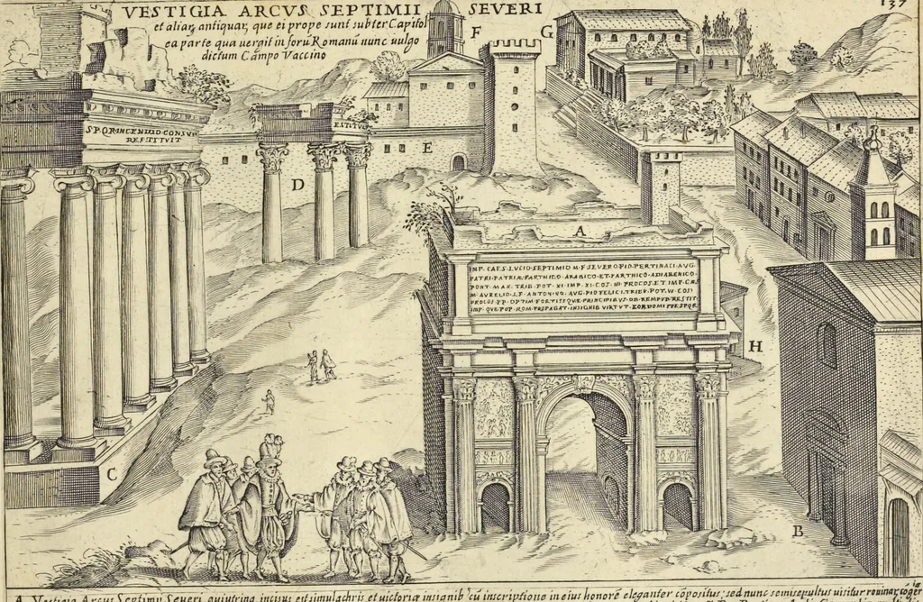 An illustration from Splendore dell'antica e moderna Roma : nel qvale si rappresentano tutti i principali tempii, teatri, anfiteatri, cerchi, naumachie, archi trionfali, obelischi, palagii, terme, curie, basiliche, fatti delli ré, consoli, dittatori, & imperadori romani : dignità ciuili, e militari, ordine de' trionfi, nomi di tutti i trionfanti, sacrificio militare; colonna Traiana, colonna Antonina, colonna milliaria, colonna rostrata, & colonna bellica; con li più segnalati giardini de gli antichi, e moderni Romani & altre cose notabili, con fatti, & imprese di quelli, da'quali sono stati eretti, e dedicati. : et in questa vltima impressione abbellito di molti disegni antichi, e moderni; & aggiuntoui le descrittioni delle figure cauate dall'antichi medaglie de gl'imperadori, in quatto linguagi latino, italiano, tedesco, e francese, per vtilità commune, 1641, leaf 306