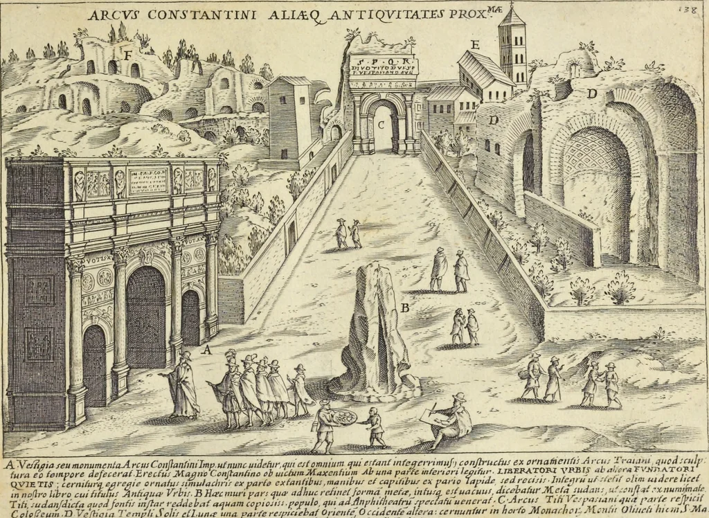 An illustration from Splendore dell'antica e moderna Roma : nel qvale si rappresentano tutti i principali tempii, teatri, anfiteatri, cerchi, naumachie, archi trionfali, obelischi, palagii, terme, curie, basiliche, fatti delli ré, consoli, dittatori, & imperadori romani : dignità ciuili, e militari, ordine de' trionfi, nomi di tutti i trionfanti, sacrificio militare; colonna Traiana, colonna Antonina, colonna milliaria, colonna rostrata, & colonna bellica; con li più segnalati giardini de gli antichi, e moderni Romani & altre cose notabili, con fatti, & imprese di quelli, da'quali sono stati eretti, e dedicati. : et in questa vltima impressione abbellito di molti disegni antichi, e moderni; & aggiuntoui le descrittioni delle figure cauate dall'antichi medaglie de gl'imperadori, in quatto linguagi latino, italiano, tedesco, e francese, per vtilità commune, 1641, leaf 308