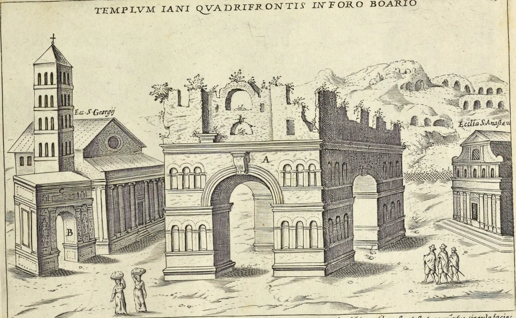 An illustration from Splendore dell'antica e moderna Roma : nel qvale si rappresentano tutti i principali tempii, teatri, anfiteatri, cerchi, naumachie, archi trionfali, obelischi, palagii, terme, curie, basiliche, fatti delli ré, consoli, dittatori, & imperadori romani : dignità ciuili, e militari, ordine de' trionfi, nomi di tutti i trionfanti, sacrificio militare; colonna Traiana, colonna Antonina, colonna milliaria, colonna rostrata, & colonna bellica; con li più segnalati giardini de gli antichi, e moderni Romani & altre cose notabili, con fatti, & imprese di quelli, da'quali sono stati eretti, e dedicati. : et in questa vltima impressione abbellito di molti disegni antichi, e moderni; & aggiuntoui le descrittioni delle figure cauate dall'antichi medaglie de gl'imperadori, in quatto linguagi latino, italiano, tedesco, e francese, per vtilità commune, 1641, leaf 310
