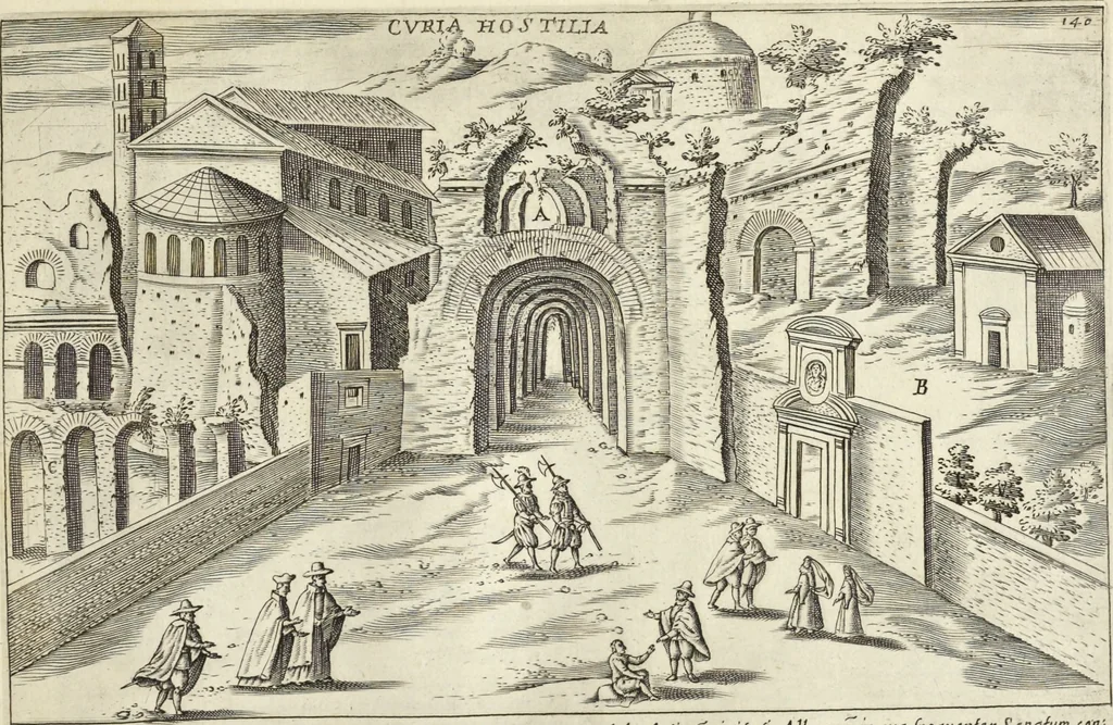 An illustration from Splendore dell'antica e moderna Roma : nel qvale si rappresentano tutti i principali tempii, teatri, anfiteatri, cerchi, naumachie, archi trionfali, obelischi, palagii, terme, curie, basiliche, fatti delli ré, consoli, dittatori, & imperadori romani : dignità ciuili, e militari, ordine de' trionfi, nomi di tutti i trionfanti, sacrificio militare; colonna Traiana, colonna Antonina, colonna milliaria, colonna rostrata, & colonna bellica; con li più segnalati giardini de gli antichi, e moderni Romani & altre cose notabili, con fatti, & imprese di quelli, da'quali sono stati eretti, e dedicati. : et in questa vltima impressione abbellito di molti disegni antichi, e moderni; & aggiuntoui le descrittioni delle figure cauate dall'antichi medaglie de gl'imperadori, in quatto linguagi latino, italiano, tedesco, e francese, per vtilità commune, 1641, leaf 312