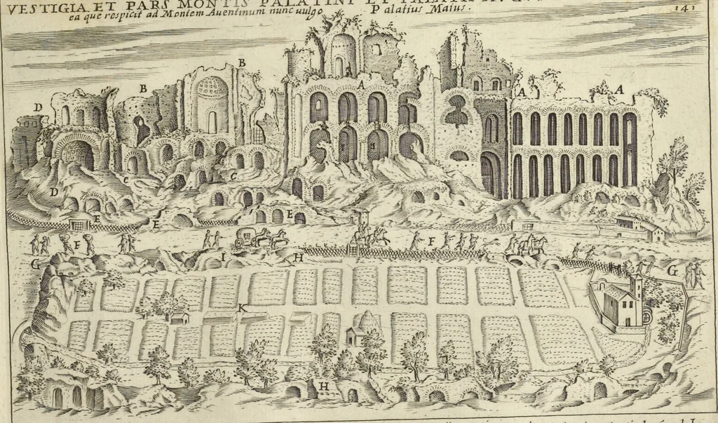 An illustration from Splendore dell'antica e moderna Roma : nel qvale si rappresentano tutti i principali tempii, teatri, anfiteatri, cerchi, naumachie, archi trionfali, obelischi, palagii, terme, curie, basiliche, fatti delli ré, consoli, dittatori, & imperadori romani : dignità ciuili, e militari, ordine de' trionfi, nomi di tutti i trionfanti, sacrificio militare; colonna Traiana, colonna Antonina, colonna milliaria, colonna rostrata, & colonna bellica; con li più segnalati giardini de gli antichi, e moderni Romani & altre cose notabili, con fatti, & imprese di quelli, da'quali sono stati eretti, e dedicati. : et in questa vltima impressione abbellito di molti disegni antichi, e moderni; & aggiuntoui le descrittioni delle figure cauate dall'antichi medaglie de gl'imperadori, in quatto linguagi latino, italiano, tedesco, e francese, per vtilità commune, 1641, leaf 314
