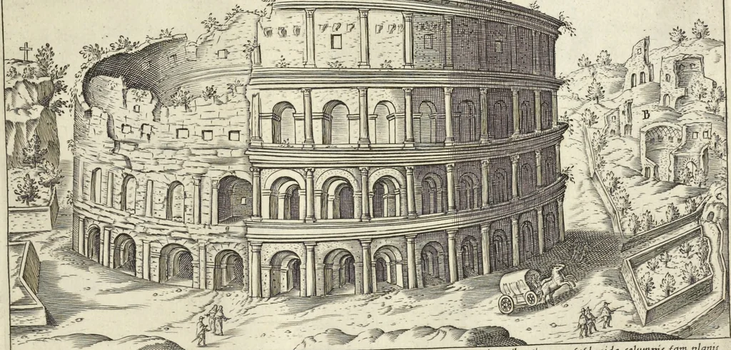 An illustration from Splendore dell'antica e moderna Roma : nel qvale si rappresentano tutti i principali tempii, teatri, anfiteatri, cerchi, naumachie, archi trionfali, obelischi, palagii, terme, curie, basiliche, fatti delli ré, consoli, dittatori, & imperadori romani : dignità ciuili, e militari, ordine de' trionfi, nomi di tutti i trionfanti, sacrificio militare; colonna Traiana, colonna Antonina, colonna milliaria, colonna rostrata, & colonna bellica; con li più segnalati giardini de gli antichi, e moderni Romani & altre cose notabili, con fatti, & imprese di quelli, da'quali sono stati eretti, e dedicati. : et in questa vltima impressione abbellito di molti disegni antichi, e moderni; & aggiuntoui le descrittioni delle figure cauate dall'antichi medaglie de gl'imperadori, in quatto linguagi latino, italiano, tedesco, e francese, per vtilità commune, 1641, leaf 316