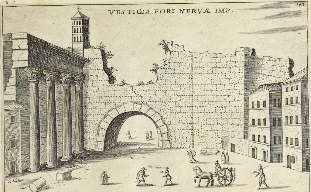 An illustration from Splendore dell'antica e moderna Roma : nel qvale si rappresentano tutti i principali tempii, teatri, anfiteatri, cerchi, naumachie, archi trionfali, obelischi, palagii, terme, curie, basiliche, fatti delli ré, consoli, dittatori, & imperadori romani : dignità ciuili, e militari, ordine de' trionfi, nomi di tutti i trionfanti, sacrificio militare; colonna Traiana, colonna Antonina, colonna milliaria, colonna rostrata, & colonna bellica; con li più segnalati giardini de gli antichi, e moderni Romani & altre cose notabili, con fatti, & imprese di quelli, da'quali sono stati eretti, e dedicati. : et in questa vltima impressione abbellito di molti disegni antichi, e moderni; & aggiuntoui le descrittioni delle figure cauate dall'antichi medaglie de gl'imperadori, in quatto linguagi latino, italiano, tedesco, e francese, per vtilità commune, 1641, leaf 318