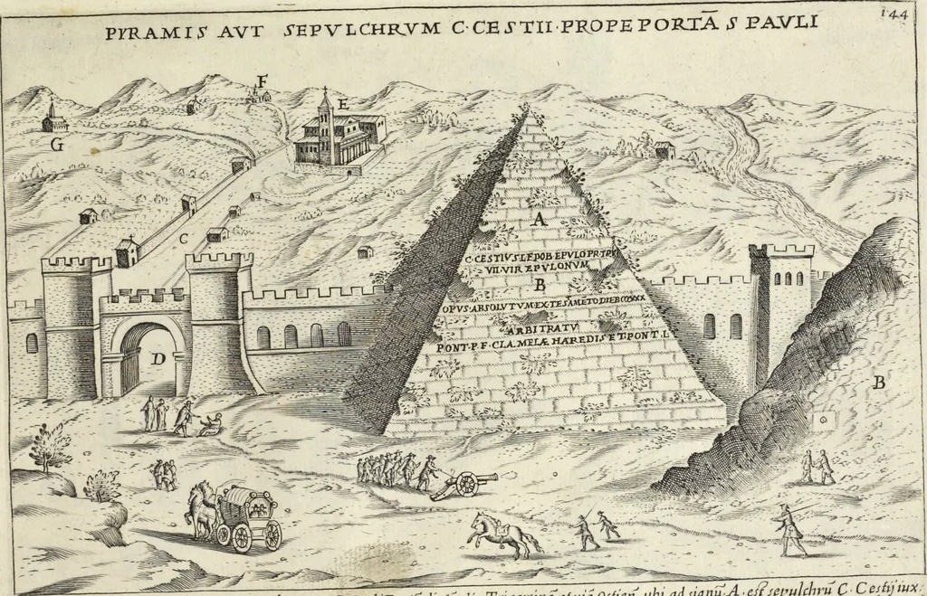 An illustration from Splendore dell'antica e moderna Roma : nel qvale si rappresentano tutti i principali tempii, teatri, anfiteatri, cerchi, naumachie, archi trionfali, obelischi, palagii, terme, curie, basiliche, fatti delli ré, consoli, dittatori, & imperadori romani : dignità ciuili, e militari, ordine de' trionfi, nomi di tutti i trionfanti, sacrificio militare; colonna Traiana, colonna Antonina, colonna milliaria, colonna rostrata, & colonna bellica; con li più segnalati giardini de gli antichi, e moderni Romani & altre cose notabili, con fatti, & imprese di quelli, da'quali sono stati eretti, e dedicati. : et in questa vltima impressione abbellito di molti disegni antichi, e moderni; & aggiuntoui le descrittioni delle figure cauate dall'antichi medaglie de gl'imperadori, in quatto linguagi latino, italiano, tedesco, e francese, per vtilità commune, 1641, leaf 320