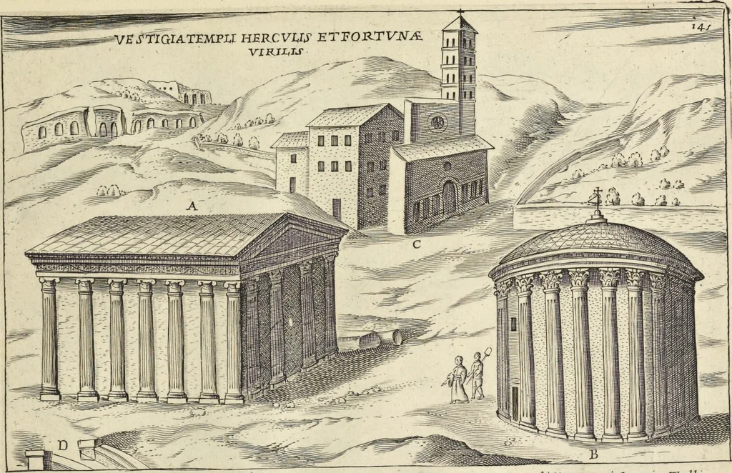 An illustration from Splendore dell'antica e moderna Roma : nel qvale si rappresentano tutti i principali tempii, teatri, anfiteatri, cerchi, naumachie, archi trionfali, obelischi, palagii, terme, curie, basiliche, fatti delli ré, consoli, dittatori, & imperadori romani : dignità ciuili, e militari, ordine de' trionfi, nomi di tutti i trionfanti, sacrificio militare; colonna Traiana, colonna Antonina, colonna milliaria, colonna rostrata, & colonna bellica; con li più segnalati giardini de gli antichi, e moderni Romani & altre cose notabili, con fatti, & imprese di quelli, da'quali sono stati eretti, e dedicati. : et in questa vltima impressione abbellito di molti disegni antichi, e moderni; & aggiuntoui le descrittioni delle figure cauate dall'antichi medaglie de gl'imperadori, in quatto linguagi latino, italiano, tedesco, e francese, per vtilità commune, 1641, leaf 322