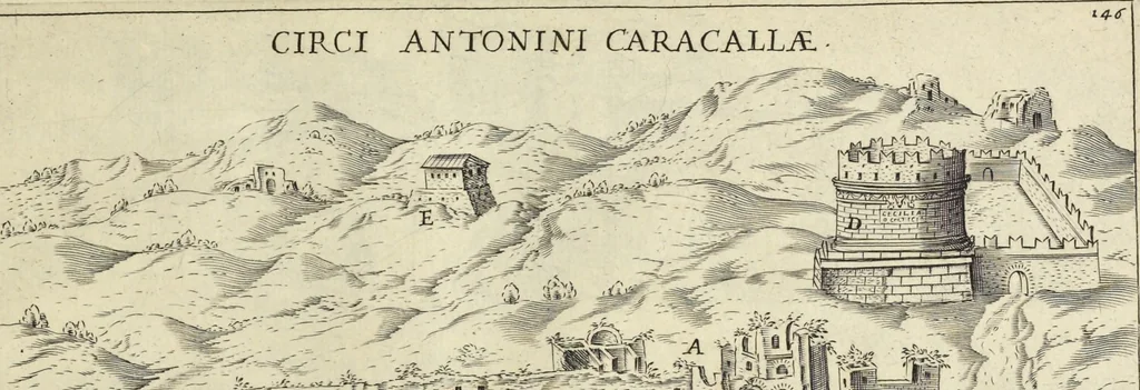 An illustration from Splendore dell'antica e moderna Roma : nel qvale si rappresentano tutti i principali tempii, teatri, anfiteatri, cerchi, naumachie, archi trionfali, obelischi, palagii, terme, curie, basiliche, fatti delli ré, consoli, dittatori, & imperadori romani : dignità ciuili, e militari, ordine de' trionfi, nomi di tutti i trionfanti, sacrificio militare; colonna Traiana, colonna Antonina, colonna milliaria, colonna rostrata, & colonna bellica; con li più segnalati giardini de gli antichi, e moderni Romani & altre cose notabili, con fatti, & imprese di quelli, da'quali sono stati eretti, e dedicati. : et in questa vltima impressione abbellito di molti disegni antichi, e moderni; & aggiuntoui le descrittioni delle figure cauate dall'antichi medaglie de gl'imperadori, in quatto linguagi latino, italiano, tedesco, e francese, per vtilità commune, 1641, leaf 324