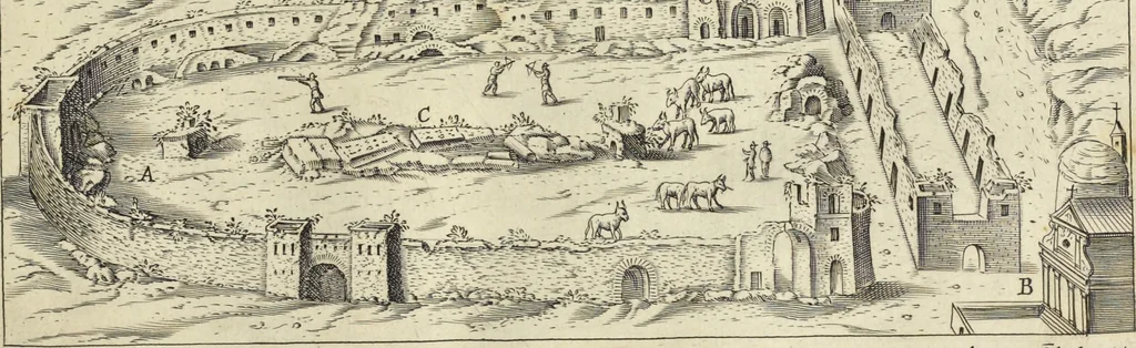 An illustration from Splendore dell'antica e moderna Roma : nel qvale si rappresentano tutti i principali tempii, teatri, anfiteatri, cerchi, naumachie, archi trionfali, obelischi, palagii, terme, curie, basiliche, fatti delli ré, consoli, dittatori, & imperadori romani : dignità ciuili, e militari, ordine de' trionfi, nomi di tutti i trionfanti, sacrificio militare; colonna Traiana, colonna Antonina, colonna milliaria, colonna rostrata, & colonna bellica; con li più segnalati giardini de gli antichi, e moderni Romani & altre cose notabili, con fatti, & imprese di quelli, da'quali sono stati eretti, e dedicati. : et in questa vltima impressione abbellito di molti disegni antichi, e moderni; & aggiuntoui le descrittioni delle figure cauate dall'antichi medaglie de gl'imperadori, in quatto linguagi latino, italiano, tedesco, e francese, per vtilità commune, 1641, leaf 324