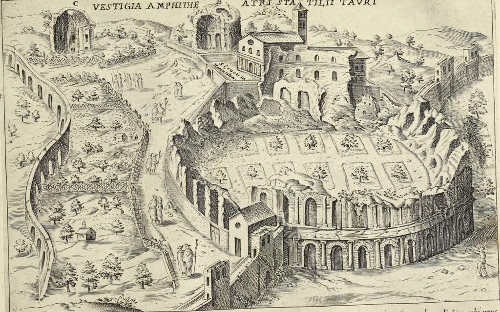 An illustration from Splendore dell'antica e moderna Roma : nel qvale si rappresentano tutti i principali tempii, teatri, anfiteatri, cerchi, naumachie, archi trionfali, obelischi, palagii, terme, curie, basiliche, fatti delli ré, consoli, dittatori, & imperadori romani : dignità ciuili, e militari, ordine de' trionfi, nomi di tutti i trionfanti, sacrificio militare; colonna Traiana, colonna Antonina, colonna milliaria, colonna rostrata, & colonna bellica; con li più segnalati giardini de gli antichi, e moderni Romani & altre cose notabili, con fatti, & imprese di quelli, da'quali sono stati eretti, e dedicati. : et in questa vltima impressione abbellito di molti disegni antichi, e moderni; & aggiuntoui le descrittioni delle figure cauate dall'antichi medaglie de gl'imperadori, in quatto linguagi latino, italiano, tedesco, e francese, per vtilità commune, 1641, leaf 326