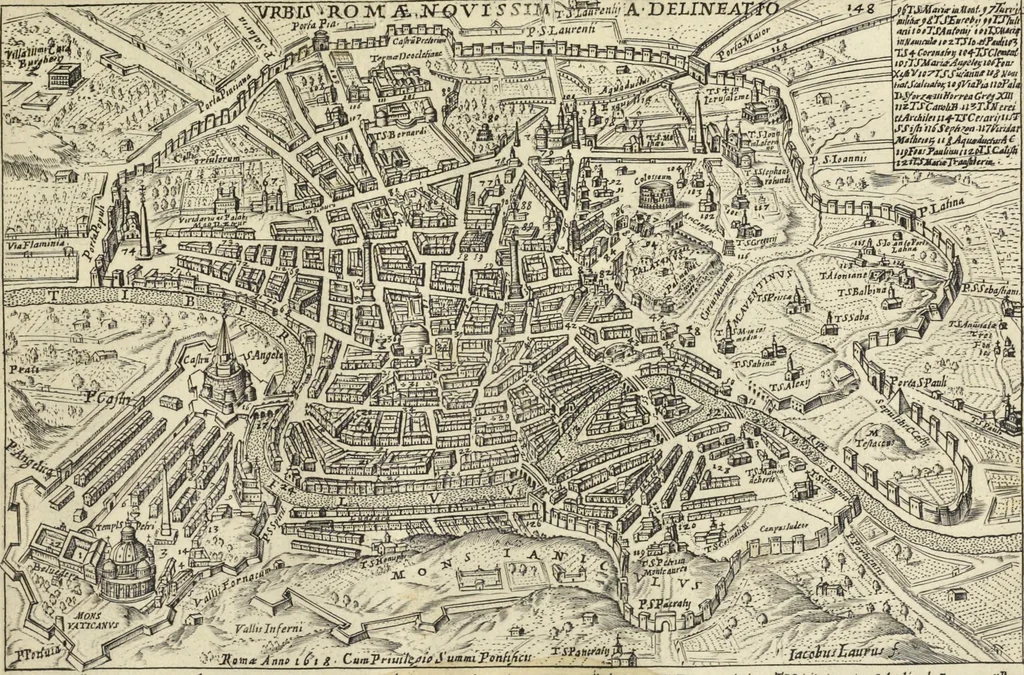 An illustration from Splendore dell'antica e moderna Roma : nel qvale si rappresentano tutti i principali tempii, teatri, anfiteatri, cerchi, naumachie, archi trionfali, obelischi, palagii, terme, curie, basiliche, fatti delli ré, consoli, dittatori, & imperadori romani : dignità ciuili, e militari, ordine de' trionfi, nomi di tutti i trionfanti, sacrificio militare; colonna Traiana, colonna Antonina, colonna milliaria, colonna rostrata, & colonna bellica; con li più segnalati giardini de gli antichi, e moderni Romani & altre cose notabili, con fatti, & imprese di quelli, da'quali sono stati eretti, e dedicati. : et in questa vltima impressione abbellito di molti disegni antichi, e moderni; & aggiuntoui le descrittioni delle figure cauate dall'antichi medaglie de gl'imperadori, in quatto linguagi latino, italiano, tedesco, e francese, per vtilità commune, 1641, leaf 328