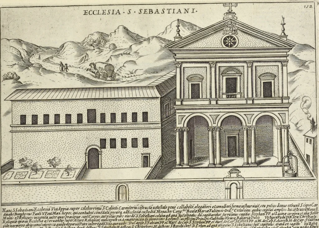 An illustration from Splendore dell'antica e moderna Roma : nel qvale si rappresentano tutti i principali tempii, teatri, anfiteatri, cerchi, naumachie, archi trionfali, obelischi, palagii, terme, curie, basiliche, fatti delli ré, consoli, dittatori, & imperadori romani : dignità ciuili, e militari, ordine de' trionfi, nomi di tutti i trionfanti, sacrificio militare; colonna Traiana, colonna Antonina, colonna milliaria, colonna rostrata, & colonna bellica; con li più segnalati giardini de gli antichi, e moderni Romani & altre cose notabili, con fatti, & imprese di quelli, da'quali sono stati eretti, e dedicati. : et in questa vltima impressione abbellito di molti disegni antichi, e moderni; & aggiuntoui le descrittioni delle figure cauate dall'antichi medaglie de gl'imperadori, in quatto linguagi latino, italiano, tedesco, e francese, per vtilità commune, 1641, leaf 336