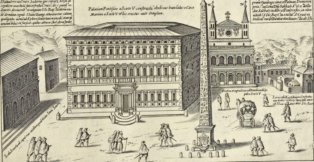 An illustration from Splendore dell'antica e moderna Roma : nel qvale si rappresentano tutti i principali tempii, teatri, anfiteatri, cerchi, naumachie, archi trionfali, obelischi, palagii, terme, curie, basiliche, fatti delli ré, consoli, dittatori, & imperadori romani : dignità ciuili, e militari, ordine de' trionfi, nomi di tutti i trionfanti, sacrificio militare; colonna Traiana, colonna Antonina, colonna milliaria, colonna rostrata, & colonna bellica; con li più segnalati giardini de gli antichi, e moderni Romani & altre cose notabili, con fatti, & imprese di quelli, da'quali sono stati eretti, e dedicati. : et in questa vltima impressione abbellito di molti disegni antichi, e moderni; & aggiuntoui le descrittioni delle figure cauate dall'antichi medaglie de gl'imperadori, in quatto linguagi latino, italiano, tedesco, e francese, per vtilità commune, 1641, leaf 338