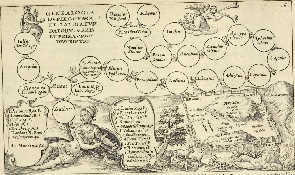 An illustration from Splendore dell'antica e moderna Roma : nel qvale si rappresentano tutti i principali tempii, teatri, anfiteatri, cerchi, naumachie, archi trionfali, obelischi, palagii, terme, curie, basiliche, fatti delli ré, consoli, dittatori, & imperadori romani : dignità ciuili, e militari, ordine de' trionfi, nomi di tutti i trionfanti, sacrificio militare; colonna Traiana, colonna Antonina, colonna milliaria, colonna rostrata, & colonna bellica; con li più segnalati giardini de gli antichi, e moderni Romani & altre cose notabili, con fatti, & imprese di quelli, da'quali sono stati eretti, e dedicati. : et in questa vltima impressione abbellito di molti disegni antichi, e moderni; & aggiuntoui le descrittioni delle figure cauate dall'antichi medaglie de gl'imperadori, in quatto linguagi latino, italiano, tedesco, e francese, per vtilità commune, 1641, leaf 34