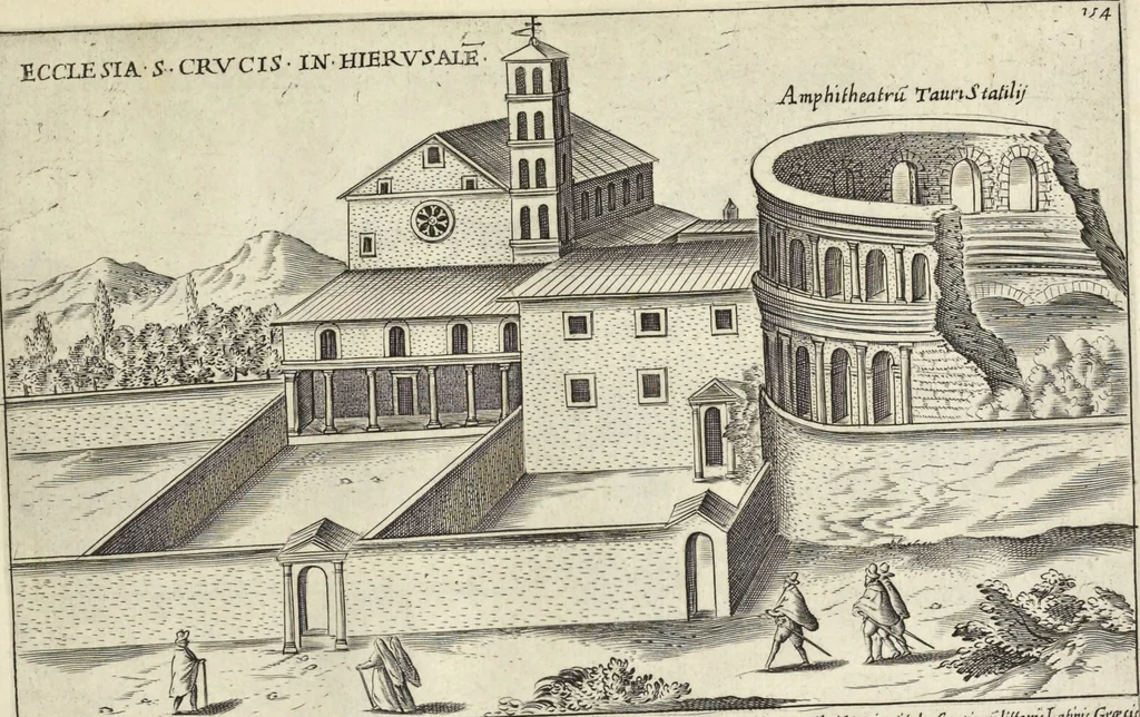 An illustration from Splendore dell'antica e moderna Roma : nel qvale si rappresentano tutti i principali tempii, teatri, anfiteatri, cerchi, naumachie, archi trionfali, obelischi, palagii, terme, curie, basiliche, fatti delli ré, consoli, dittatori, & imperadori romani : dignità ciuili, e militari, ordine de' trionfi, nomi di tutti i trionfanti, sacrificio militare; colonna Traiana, colonna Antonina, colonna milliaria, colonna rostrata, & colonna bellica; con li più segnalati giardini de gli antichi, e moderni Romani & altre cose notabili, con fatti, & imprese di quelli, da'quali sono stati eretti, e dedicati. : et in questa vltima impressione abbellito di molti disegni antichi, e moderni; & aggiuntoui le descrittioni delle figure cauate dall'antichi medaglie de gl'imperadori, in quatto linguagi latino, italiano, tedesco, e francese, per vtilità commune, 1641, leaf 340