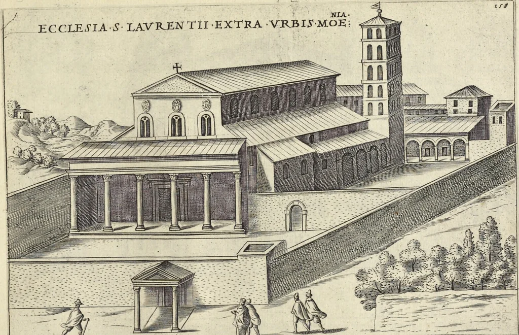 An illustration from Splendore dell'antica e moderna Roma : nel qvale si rappresentano tutti i principali tempii, teatri, anfiteatri, cerchi, naumachie, archi trionfali, obelischi, palagii, terme, curie, basiliche, fatti delli ré, consoli, dittatori, & imperadori romani : dignità ciuili, e militari, ordine de' trionfi, nomi di tutti i trionfanti, sacrificio militare; colonna Traiana, colonna Antonina, colonna milliaria, colonna rostrata, & colonna bellica; con li più segnalati giardini de gli antichi, e moderni Romani & altre cose notabili, con fatti, & imprese di quelli, da'quali sono stati eretti, e dedicati. : et in questa vltima impressione abbellito di molti disegni antichi, e moderni; & aggiuntoui le descrittioni delle figure cauate dall'antichi medaglie de gl'imperadori, in quatto linguagi latino, italiano, tedesco, e francese, per vtilità commune, 1641, leaf 342