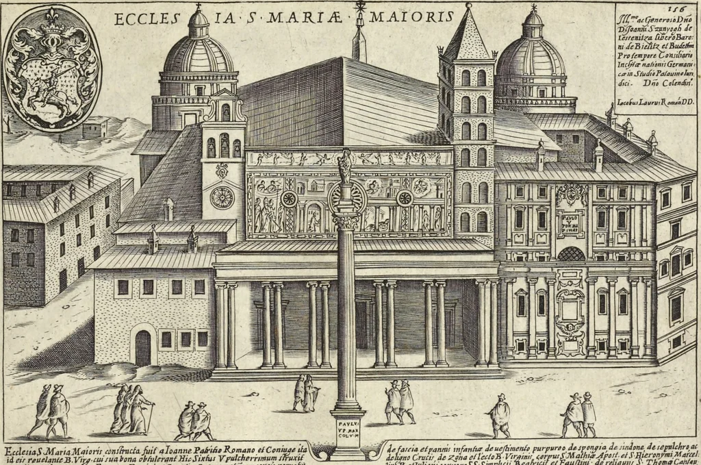 An illustration from Splendore dell'antica e moderna Roma : nel qvale si rappresentano tutti i principali tempii, teatri, anfiteatri, cerchi, naumachie, archi trionfali, obelischi, palagii, terme, curie, basiliche, fatti delli ré, consoli, dittatori, & imperadori romani : dignità ciuili, e militari, ordine de' trionfi, nomi di tutti i trionfanti, sacrificio militare; colonna Traiana, colonna Antonina, colonna milliaria, colonna rostrata, & colonna bellica; con li più segnalati giardini de gli antichi, e moderni Romani & altre cose notabili, con fatti, & imprese di quelli, da'quali sono stati eretti, e dedicati. : et in questa vltima impressione abbellito di molti disegni antichi, e moderni; & aggiuntoui le descrittioni delle figure cauate dall'antichi medaglie de gl'imperadori, in quatto linguagi latino, italiano, tedesco, e francese, per vtilità commune, 1641, leaf 344