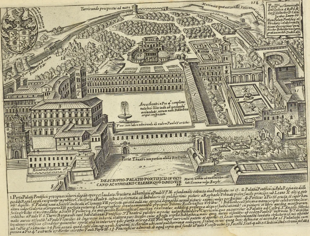 An illustration from Splendore dell'antica e moderna Roma : nel qvale si rappresentano tutti i principali tempii, teatri, anfiteatri, cerchi, naumachie, archi trionfali, obelischi, palagii, terme, curie, basiliche, fatti delli ré, consoli, dittatori, & imperadori romani : dignità ciuili, e militari, ordine de' trionfi, nomi di tutti i trionfanti, sacrificio militare; colonna Traiana, colonna Antonina, colonna milliaria, colonna rostrata, & colonna bellica; con li più segnalati giardini de gli antichi, e moderni Romani & altre cose notabili, con fatti, & imprese di quelli, da'quali sono stati eretti, e dedicati. : et in questa vltima impressione abbellito di molti disegni antichi, e moderni; & aggiuntoui le descrittioni delle figure cauate dall'antichi medaglie de gl'imperadori, in quatto linguagi latino, italiano, tedesco, e francese, per vtilità commune, 1641, leaf 346