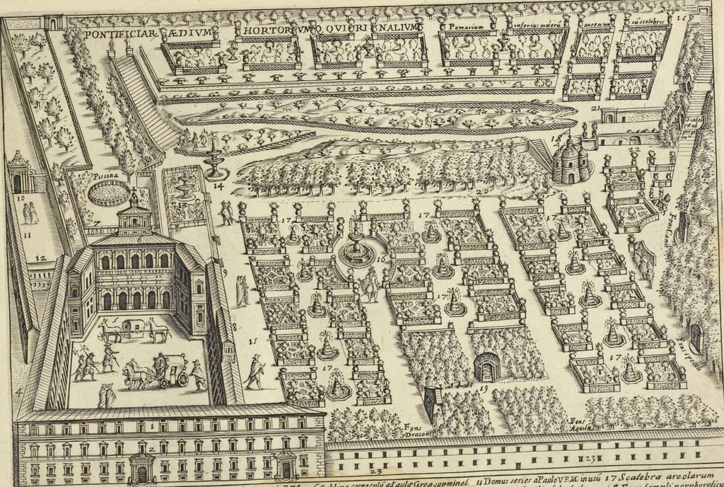An illustration from Splendore dell'antica e moderna Roma : nel qvale si rappresentano tutti i principali tempii, teatri, anfiteatri, cerchi, naumachie, archi trionfali, obelischi, palagii, terme, curie, basiliche, fatti delli ré, consoli, dittatori, & imperadori romani : dignità ciuili, e militari, ordine de' trionfi, nomi di tutti i trionfanti, sacrificio militare; colonna Traiana, colonna Antonina, colonna milliaria, colonna rostrata, & colonna bellica; con li più segnalati giardini de gli antichi, e moderni Romani & altre cose notabili, con fatti, & imprese di quelli, da'quali sono stati eretti, e dedicati. : et in questa vltima impressione abbellito di molti disegni antichi, e moderni; & aggiuntoui le descrittioni delle figure cauate dall'antichi medaglie de gl'imperadori, in quatto linguagi latino, italiano, tedesco, e francese, per vtilità commune, 1641, leaf 348