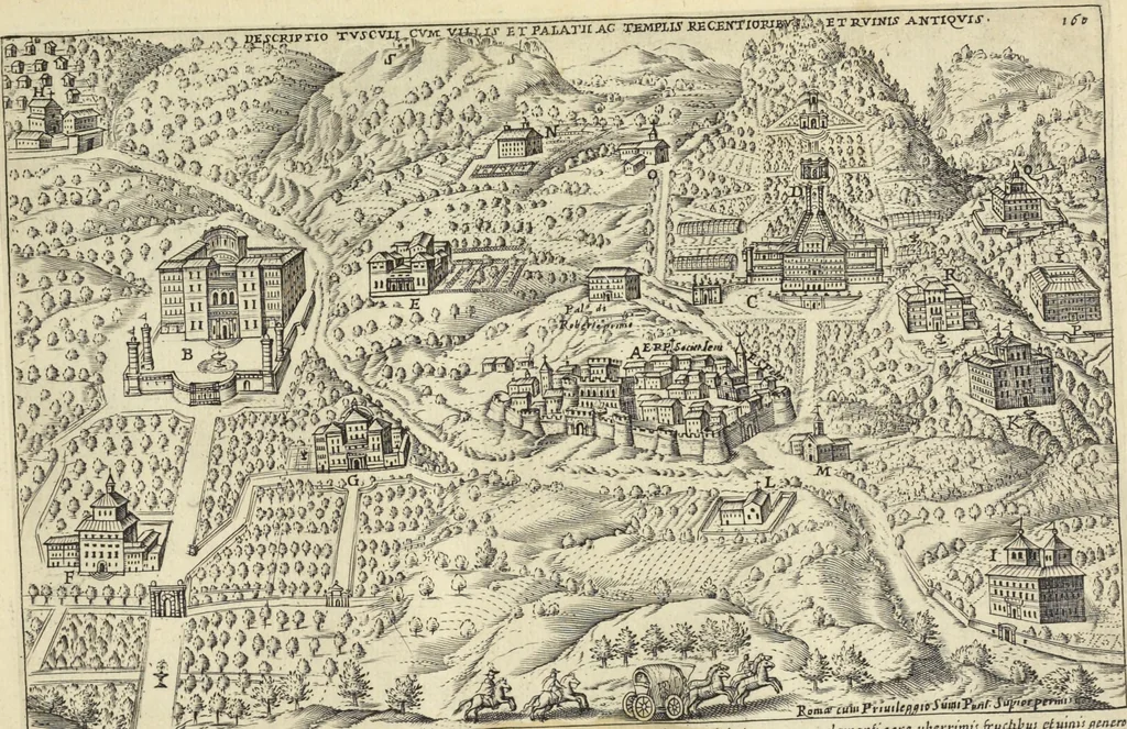 An illustration from Splendore dell'antica e moderna Roma : nel qvale si rappresentano tutti i principali tempii, teatri, anfiteatri, cerchi, naumachie, archi trionfali, obelischi, palagii, terme, curie, basiliche, fatti delli ré, consoli, dittatori, & imperadori romani : dignità ciuili, e militari, ordine de' trionfi, nomi di tutti i trionfanti, sacrificio militare; colonna Traiana, colonna Antonina, colonna milliaria, colonna rostrata, & colonna bellica; con li più segnalati giardini de gli antichi, e moderni Romani & altre cose notabili, con fatti, & imprese di quelli, da'quali sono stati eretti, e dedicati. : et in questa vltima impressione abbellito di molti disegni antichi, e moderni; & aggiuntoui le descrittioni delle figure cauate dall'antichi medaglie de gl'imperadori, in quatto linguagi latino, italiano, tedesco, e francese, per vtilità commune, 1641, leaf 350