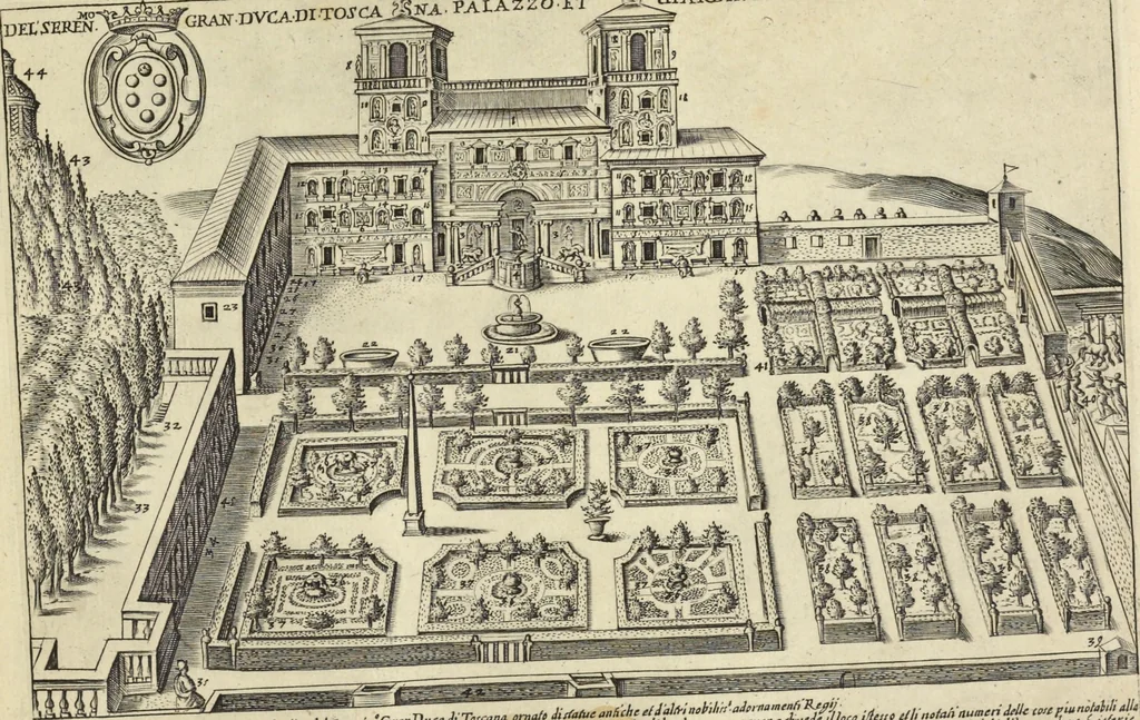 An illustration from Splendore dell'antica e moderna Roma : nel qvale si rappresentano tutti i principali tempii, teatri, anfiteatri, cerchi, naumachie, archi trionfali, obelischi, palagii, terme, curie, basiliche, fatti delli ré, consoli, dittatori, & imperadori romani : dignità ciuili, e militari, ordine de' trionfi, nomi di tutti i trionfanti, sacrificio militare; colonna Traiana, colonna Antonina, colonna milliaria, colonna rostrata, & colonna bellica; con li più segnalati giardini de gli antichi, e moderni Romani & altre cose notabili, con fatti, & imprese di quelli, da'quali sono stati eretti, e dedicati. : et in questa vltima impressione abbellito di molti disegni antichi, e moderni; & aggiuntoui le descrittioni delle figure cauate dall'antichi medaglie de gl'imperadori, in quatto linguagi latino, italiano, tedesco, e francese, per vtilità commune, 1641, leaf 354