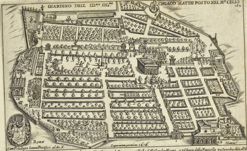 An illustration from Splendore dell'antica e moderna Roma : nel qvale si rappresentano tutti i principali tempii, teatri, anfiteatri, cerchi, naumachie, archi trionfali, obelischi, palagii, terme, curie, basiliche, fatti delli ré, consoli, dittatori, & imperadori romani : dignità ciuili, e militari, ordine de' trionfi, nomi di tutti i trionfanti, sacrificio militare; colonna Traiana, colonna Antonina, colonna milliaria, colonna rostrata, & colonna bellica; con li più segnalati giardini de gli antichi, e moderni Romani & altre cose notabili, con fatti, & imprese di quelli, da'quali sono stati eretti, e dedicati. : et in questa vltima impressione abbellito di molti disegni antichi, e moderni; & aggiuntoui le descrittioni delle figure cauate dall'antichi medaglie de gl'imperadori, in quatto linguagi latino, italiano, tedesco, e francese, per vtilità commune, 1641, leaf 356