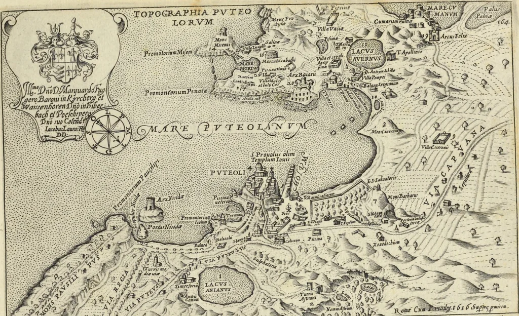 An illustration from Splendore dell'antica e moderna Roma : nel qvale si rappresentano tutti i principali tempii, teatri, anfiteatri, cerchi, naumachie, archi trionfali, obelischi, palagii, terme, curie, basiliche, fatti delli ré, consoli, dittatori, & imperadori romani : dignità ciuili, e militari, ordine de' trionfi, nomi di tutti i trionfanti, sacrificio militare; colonna Traiana, colonna Antonina, colonna milliaria, colonna rostrata, & colonna bellica; con li più segnalati giardini de gli antichi, e moderni Romani & altre cose notabili, con fatti, & imprese di quelli, da'quali sono stati eretti, e dedicati. : et in questa vltima impressione abbellito di molti disegni antichi, e moderni; & aggiuntoui le descrittioni delle figure cauate dall'antichi medaglie de gl'imperadori, in quatto linguagi latino, italiano, tedesco, e francese, per vtilità commune, 1641, leaf 358