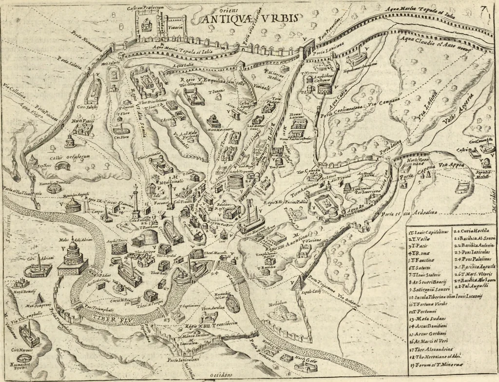 An illustration from Splendore dell'antica e moderna Roma : nel qvale si rappresentano tutti i principali tempii, teatri, anfiteatri, cerchi, naumachie, archi trionfali, obelischi, palagii, terme, curie, basiliche, fatti delli ré, consoli, dittatori, & imperadori romani : dignità ciuili, e militari, ordine de' trionfi, nomi di tutti i trionfanti, sacrificio militare; colonna Traiana, colonna Antonina, colonna milliaria, colonna rostrata, & colonna bellica; con li più segnalati giardini de gli antichi, e moderni Romani & altre cose notabili, con fatti, & imprese di quelli, da'quali sono stati eretti, e dedicati. : et in questa vltima impressione abbellito di molti disegni antichi, e moderni; & aggiuntoui le descrittioni delle figure cauate dall'antichi medaglie de gl'imperadori, in quatto linguagi latino, italiano, tedesco, e francese, per vtilità commune, 1641, leaf 36