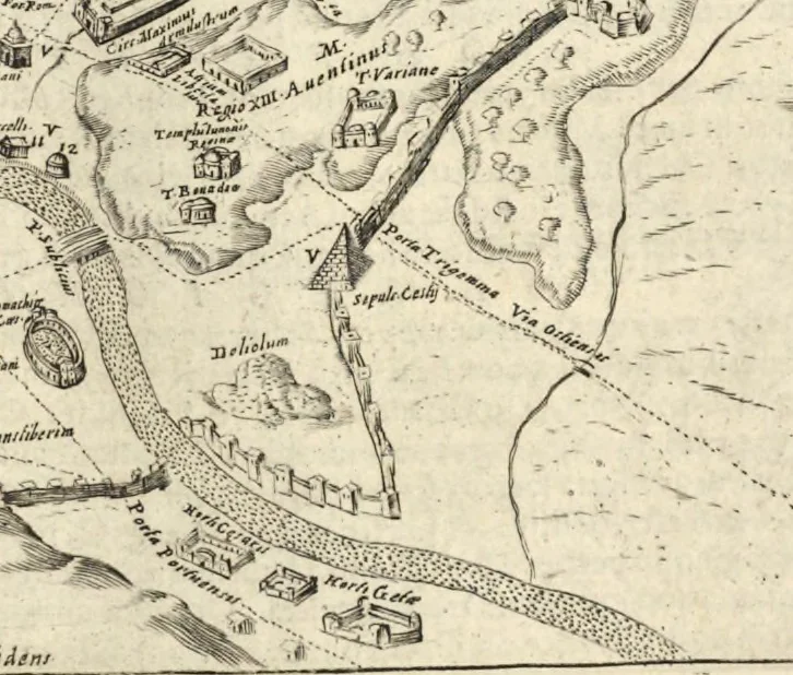 An illustration from Splendore dell'antica e moderna Roma : nel qvale si rappresentano tutti i principali tempii, teatri, anfiteatri, cerchi, naumachie, archi trionfali, obelischi, palagii, terme, curie, basiliche, fatti delli ré, consoli, dittatori, & imperadori romani : dignità ciuili, e militari, ordine de' trionfi, nomi di tutti i trionfanti, sacrificio militare; colonna Traiana, colonna Antonina, colonna milliaria, colonna rostrata, & colonna bellica; con li più segnalati giardini de gli antichi, e moderni Romani & altre cose notabili, con fatti, & imprese di quelli, da'quali sono stati eretti, e dedicati. : et in questa vltima impressione abbellito di molti disegni antichi, e moderni; & aggiuntoui le descrittioni delle figure cauate dall'antichi medaglie de gl'imperadori, in quatto linguagi latino, italiano, tedesco, e francese, per vtilità commune, 1641, leaf 36