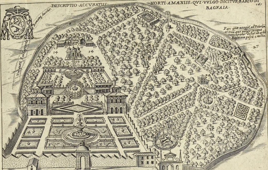 An illustration from Splendore dell'antica e moderna Roma : nel qvale si rappresentano tutti i principali tempii, teatri, anfiteatri, cerchi, naumachie, archi trionfali, obelischi, palagii, terme, curie, basiliche, fatti delli ré, consoli, dittatori, & imperadori romani : dignità ciuili, e militari, ordine de' trionfi, nomi di tutti i trionfanti, sacrificio militare; colonna Traiana, colonna Antonina, colonna milliaria, colonna rostrata, & colonna bellica; con li più segnalati giardini de gli antichi, e moderni Romani & altre cose notabili, con fatti, & imprese di quelli, da'quali sono stati eretti, e dedicati. : et in questa vltima impressione abbellito di molti disegni antichi, e moderni; & aggiuntoui le descrittioni delle figure cauate dall'antichi medaglie de gl'imperadori, in quatto linguagi latino, italiano, tedesco, e francese, per vtilità commune, 1641, leaf 360