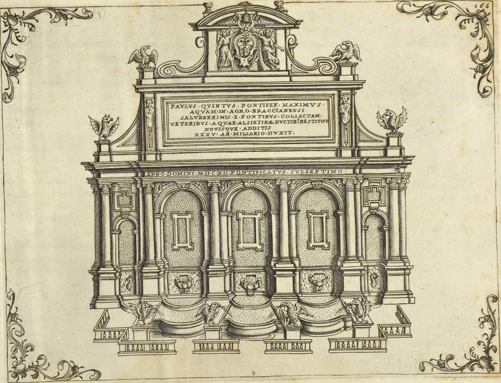 An illustration from Splendore dell'antica e moderna Roma : nel qvale si rappresentano tutti i principali tempii, teatri, anfiteatri, cerchi, naumachie, archi trionfali, obelischi, palagii, terme, curie, basiliche, fatti delli ré, consoli, dittatori, & imperadori romani : dignità ciuili, e militari, ordine de' trionfi, nomi di tutti i trionfanti, sacrificio militare; colonna Traiana, colonna Antonina, colonna milliaria, colonna rostrata, & colonna bellica; con li più segnalati giardini de gli antichi, e moderni Romani & altre cose notabili, con fatti, & imprese di quelli, da'quali sono stati eretti, e dedicati. : et in questa vltima impressione abbellito di molti disegni antichi, e moderni; & aggiuntoui le descrittioni delle figure cauate dall'antichi medaglie de gl'imperadori, in quatto linguagi latino, italiano, tedesco, e francese, per vtilità commune, 1641, leaf 362
