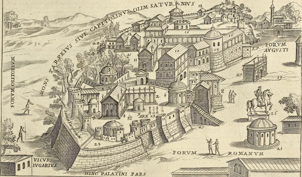 An illustration from Splendore dell'antica e moderna Roma : nel qvale si rappresentano tutti i principali tempii, teatri, anfiteatri, cerchi, naumachie, archi trionfali, obelischi, palagii, terme, curie, basiliche, fatti delli ré, consoli, dittatori, & imperadori romani : dignità ciuili, e militari, ordine de' trionfi, nomi di tutti i trionfanti, sacrificio militare; colonna Traiana, colonna Antonina, colonna milliaria, colonna rostrata, & colonna bellica; con li più segnalati giardini de gli antichi, e moderni Romani & altre cose notabili, con fatti, & imprese di quelli, da'quali sono stati eretti, e dedicati. : et in questa vltima impressione abbellito di molti disegni antichi, e moderni; & aggiuntoui le descrittioni delle figure cauate dall'antichi medaglie de gl'imperadori, in quatto linguagi latino, italiano, tedesco, e francese, per vtilità commune, 1641, leaf 38