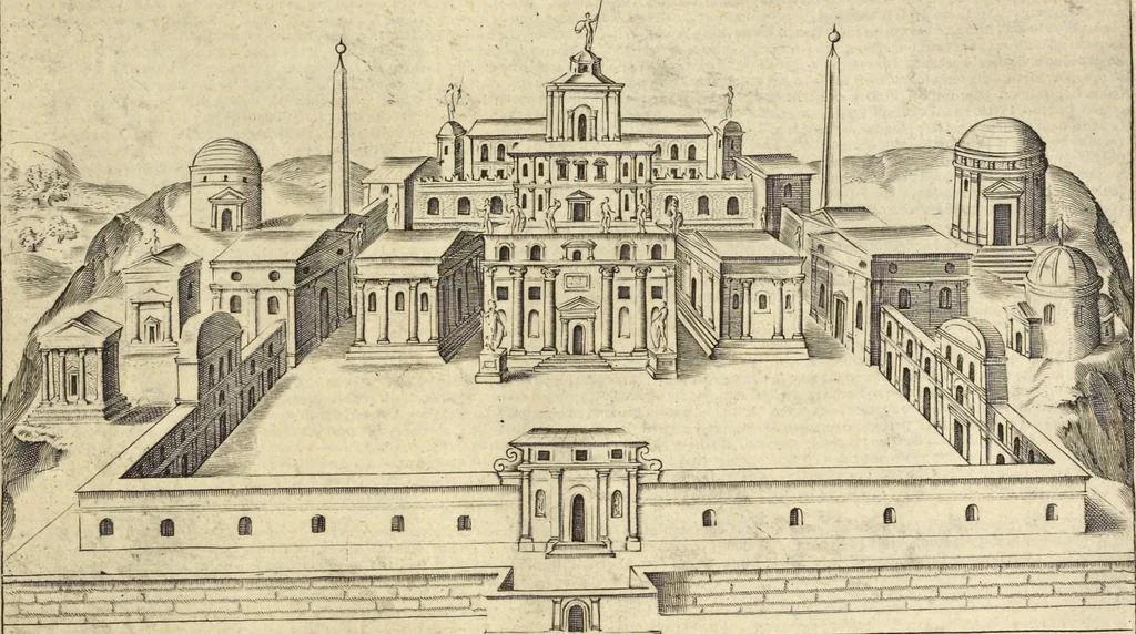 An illustration from Splendore dell'antica e moderna Roma : nel qvale si rappresentano tutti i principali tempii, teatri, anfiteatri, cerchi, naumachie, archi trionfali, obelischi, palagii, terme, curie, basiliche, fatti delli ré, consoli, dittatori, & imperadori romani : dignità ciuili, e militari, ordine de' trionfi, nomi di tutti i trionfanti, sacrificio militare; colonna Traiana, colonna Antonina, colonna milliaria, colonna rostrata, & colonna bellica; con li più segnalati giardini de gli antichi, e moderni Romani & altre cose notabili, con fatti, & imprese di quelli, da'quali sono stati eretti, e dedicati. : et in questa vltima impressione abbellito di molti disegni antichi, e moderni; & aggiuntoui le descrittioni delle figure cauate dall'antichi medaglie de gl'imperadori, in quatto linguagi latino, italiano, tedesco, e francese, per vtilità commune, 1641, leaf 40