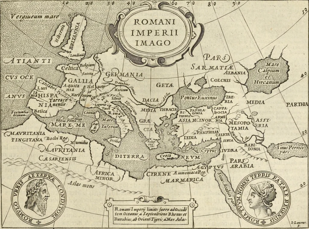An illustration from Splendore dell'antica e moderna Roma : nel qvale si rappresentano tutti i principali tempii, teatri, anfiteatri, cerchi, naumachie, archi trionfali, obelischi, palagii, terme, curie, basiliche, fatti delli ré, consoli, dittatori, & imperadori romani : dignità ciuili, e militari, ordine de' trionfi, nomi di tutti i trionfanti, sacrificio militare; colonna Traiana, colonna Antonina, colonna milliaria, colonna rostrata, & colonna bellica; con li più segnalati giardini de gli antichi, e moderni Romani & altre cose notabili, con fatti, & imprese di quelli, da'quali sono stati eretti, e dedicati. : et in questa vltima impressione abbellito di molti disegni antichi, e moderni; & aggiuntoui le descrittioni delle figure cauate dall'antichi medaglie de gl'imperadori, in quatto linguagi latino, italiano, tedesco, e francese, per vtilità commune, 1641, leaf 42