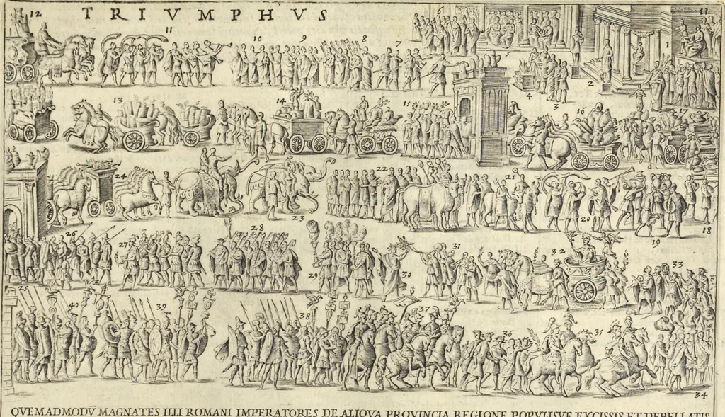 An illustration from Splendore dell'antica e moderna Roma : nel qvale si rappresentano tutti i principali tempii, teatri, anfiteatri, cerchi, naumachie, archi trionfali, obelischi, palagii, terme, curie, basiliche, fatti delli ré, consoli, dittatori, & imperadori romani : dignità ciuili, e militari, ordine de' trionfi, nomi di tutti i trionfanti, sacrificio militare; colonna Traiana, colonna Antonina, colonna milliaria, colonna rostrata, & colonna bellica; con li più segnalati giardini de gli antichi, e moderni Romani & altre cose notabili, con fatti, & imprese di quelli, da'quali sono stati eretti, e dedicati. : et in questa vltima impressione abbellito di molti disegni antichi, e moderni; & aggiuntoui le descrittioni delle figure cauate dall'antichi medaglie de gl'imperadori, in quatto linguagi latino, italiano, tedesco, e francese, per vtilità commune, 1641, leaf 44